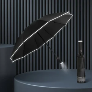 Night Walking Automatic Umbrella with LED Handle, 102cm Large Canopy, UV Protection, Solid Black, Shockproof