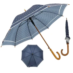 Automatic Open Compact Travel Umbrella, Wood Shaft, Curved Wood Handle