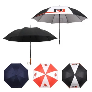 Automatic Open Stick Umbrella with Curved Wood Hook Handle, Black