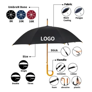 Automatic Open Windproof Stick Umbrella with Wooden J-Hook Handle