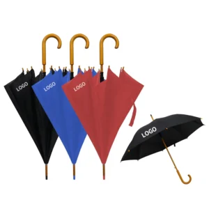 Automatic Open Windproof Stick Umbrella with Wooden J-Hook Handle