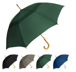 Automatic Stick Umbrella with Curved Wooden Hook Handle and Custom Logo Printing