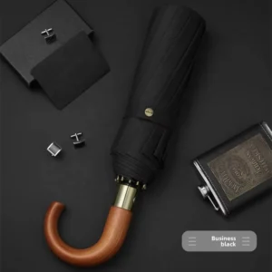 Automatic Three-Fold Umbrella with Wooden Curved Handle, Waterproof Pongee Fabric, 12-Rib Aluminum Frame, Custom Logo