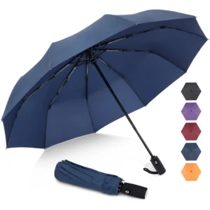 Automatic Travel Folding Umbrella, Wood and Plastic Handle, Fiberglass Frame