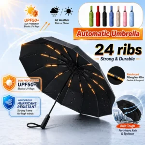 Automatic Umbrella 24-Rib Reinforced Fiberglass Windproof UPF50 Sun Protection Rainproof Travel Gift China Factory