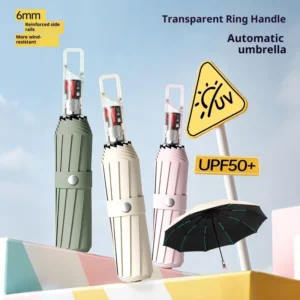 Automatic Umbrella, Iron Frame, Frosted Transparent Handle, Black-Coated, Sun Protection
