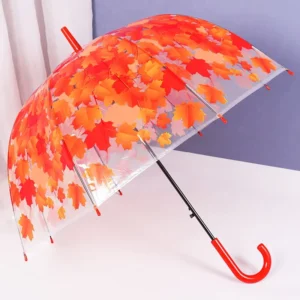 Autumn Style Maple Leaf Pattern Semi-Automatic 8K Ribs Transparent Clear Plastic Handle Rain Umbrella for Adults