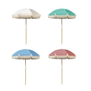 Bali Boho Beach Umbrella with Wooden Pole and Tassels, 2 m, Polyester/Wood, Outdoor Garden