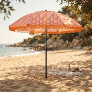 Balinese Waterproof Round Fringe Beach Parasol with Polyester Canopy and Tilting Steel Frame
