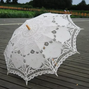 Bamboo Craft Classic Traditional Handmade White Lace Wedding Parasol Plain Lace Party Outdoor Embroidered Umbrellas