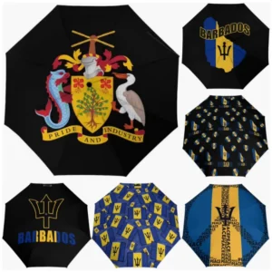 Barbados National Flag Print Folding Umbrella, Rainproof, Sunproof, Fully Automatic