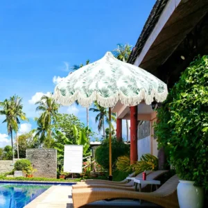 Beach Casual Extended Pagoda Umbrella Tassel Leaf Print Wood Central Pole Manual Opening Courtyard Shade