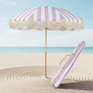 Beach Parasol With Tassels, Beige Blue Pink Stripe, Foldable, Pool Use