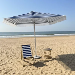 Beach Umbrella Anti-UV Waterproof with Base Striped Patio Umbrella Blue White Boho Beach Tassels Outdoor Umbrella