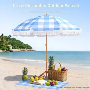 Beach Umbrella with Tassel Lace Design, Steel and Black Vinyl, for Villa, Courtyard, Swimming Pool and Terrace