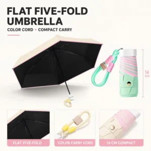 Beauty Salon Customized Ultra-Light Colorful Cord Flat 5-Fold 6-Rib Compact Portable Sunshade Umbrella, Black