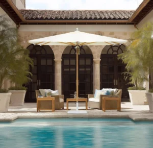 Beech Wood Umbrella 3m Radii Double Pulley System Waterproof Anti-UV Sun Shade Outdoor Furniture Hotel Use Concrete Base