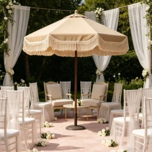 Beige Iron Fringe Market Umbrella for Garden, Backyard, and Picnic