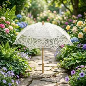 Beige Luxury Handmade Lace Parasol Umbrella with Wooden Handle Vintage Cotton Lace Wedding Photography Bridal Party Decor