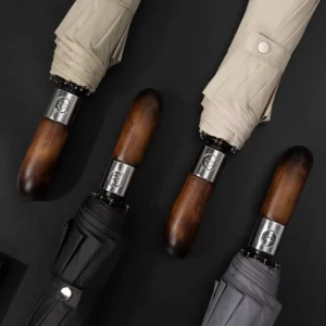 Black Folding Automatic Umbrella Wooden Handle Exlarge Reinforced Windproof Sunscreen