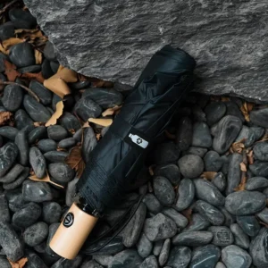 Black Green RPET Folding Waterproof Eco-Friendly Customized Umbrella with Wooden Handle Fully Automatic Switch