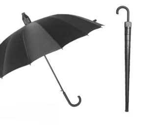 Black Large 16-Rib Automatic Waterproof No-Drip Stick Umbrella with Plastic Cup Cover