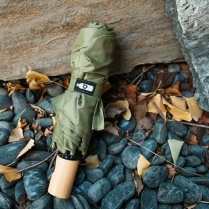 Black and Green RPET Folding Waterproof Umbrella with Wooden Handle, Automatic, Various Colors, Customized