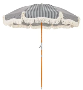 Black and White Boho Beach Umbrella Parasol With Tassel Fringe, Wooden Pole