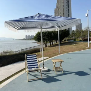Blue Boho Foldable Waterproof Striped Patio Garden Umbrella with Tassels for Outdoor Dining and Park Use