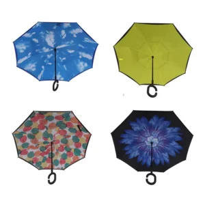 Blue Double-Layer Stand-Up UV-Protection Reverse Inverted Umbrella With C-Shape Handle