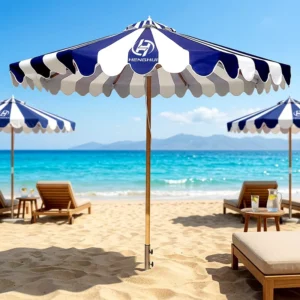 Blue Striped Outdoor Patio Shade Umbrella Aluminum Wood UV Resistant Beach Umbrella for Hotels Resorts and Parks