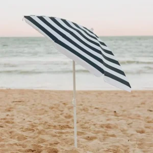 Blue & White Stripe Steel and Fiber Frame Portable Outdoor Beach Umbrella with Tilt and Rain Function