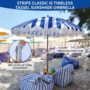 Blue and White Striped Fringe Tassel Beach Umbrella with Polyester Canopy, 45-Degree Tilt, Adjustable Telescopic Two-Stage Pole