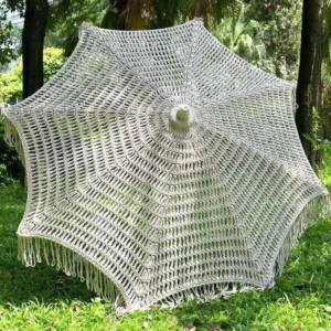 Bohemia Cotton Rope Macrame Parasols 2.5m Wooden Pole Handmade Tassels Woven Canopy Beach Umbrella with Macrame Fringe