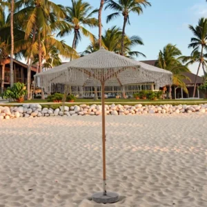 Bohemian 8K Straight Foldable Beach Parasol Umbrella with Polyester Lace Panel and Macrame Fringe, Manual Control