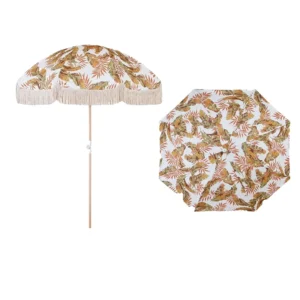 Bohemian Bali Beach Umbrella with Aluminum and Wooden Frame, Cotton Canvas, Fringe, and Tassels