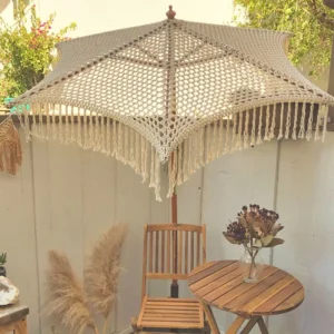 Bohemian Cotton Rope Macrame Vintage Wooden Pole Woven Patio Beach Umbrella with Fringe