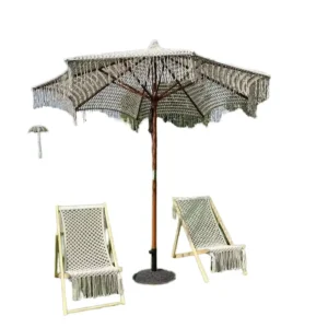 Bohemian Style Straight Parasol Manual-Control Polyester Patio and Beach Umbrella with Macrame Fringe European Design