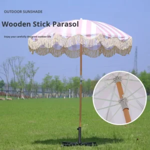Bohemian Wood Pole Beach Umbrella with Tassels for Beaches, Pools, Courtyards, and Camping