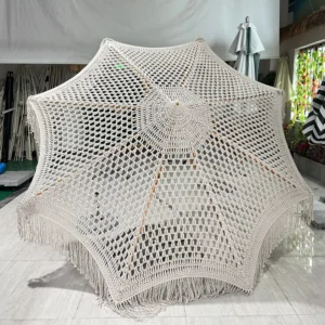 Bohemian Wooden Fringe Macrame Outdoor Garden Beach Umbrella with Tassels