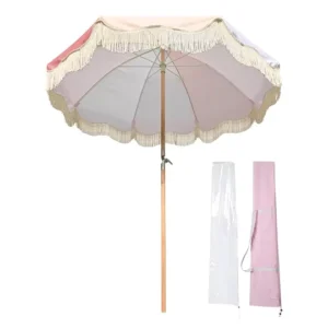 Boho 6.5ft RPET Canopy Sun Parasol Portable Outdoor UV 50 Beach Picnic Umbrella with Wood Pole and Cotton Fringe