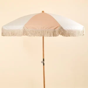 Boho 6ft Wood Beach Cabana Umbrella with Fringed Blue Stripe Canopy for Outdoor Use