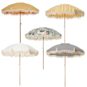 Boho Beach Umbrella with Tassel Fringe Manual 50+ UV Protection Tilt Function Windproof Metal Frame Large Pool Outdoor Patio Umbrella