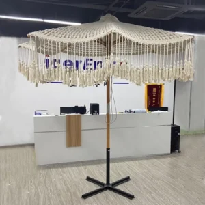 Boho Cotton Rope Fringe Sun Parasol Custom Bali Wooden Pole Handmade Woven Patio Garden Beach Macrame Umbrella with Tassels