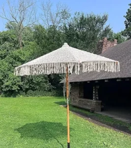 Boho Handmade Beige Wood Crochet Macrame Resort Club Patio Outdoor Pool Beach Umbrella with Tassels