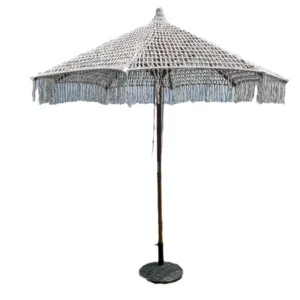 Boho Handwoven Macrame Beach Umbrella with Tassels, Manual Outdoor Sun Parasol for Patio and Beach Club