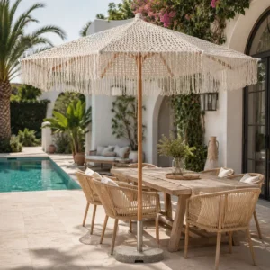 Boho Macrame-Edged Beach Patio Umbrella with Crochet Canopy