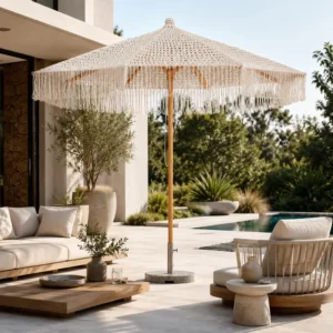 Boho Macrame-Edged Foldable Waterproof Beach Umbrella with Crochet Canopy for Patio, Courtyard, and Hotel Use