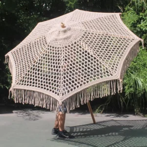 Boho Macrame Fringe Polyester Beach Umbrella with Woven Canopy and Tassels