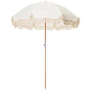 Boho Portable UV50+ Beach Umbrella with Wooden Pole and White Tassels for Outdoor Use